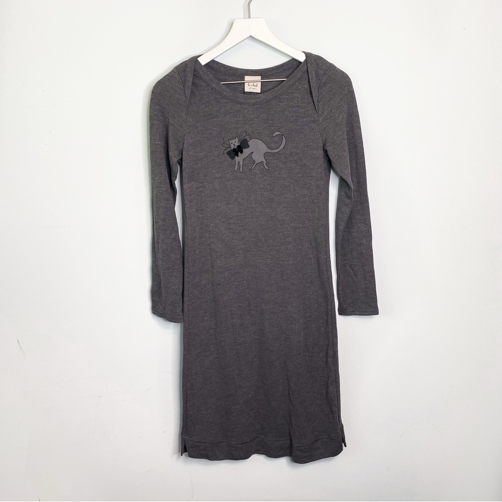 NWT Le Chat Cat Print Dark Grey Long Sleeve Knit Nightwear Chemise Dress